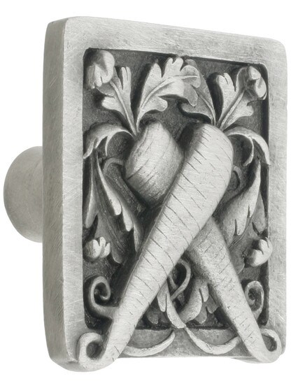 Leafy Carrot Cabinet Knob - 1 1/2 inch X 1 1/2 inch in Antique Pewter.